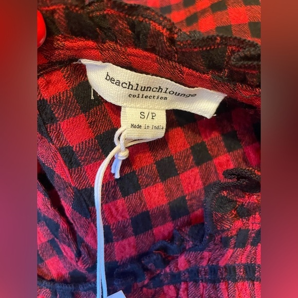 Beach Lunch Lounge Plaid Smocked Ruffle Sleeve Top Blouse Red Black Size S NWT - Picture 4 of 7